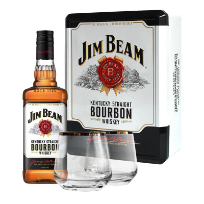Виски Jim Beam White 4 года выдержки 0.7 л 40% + 2 бокала в железной коробке, 5060045588005, Jim Beam