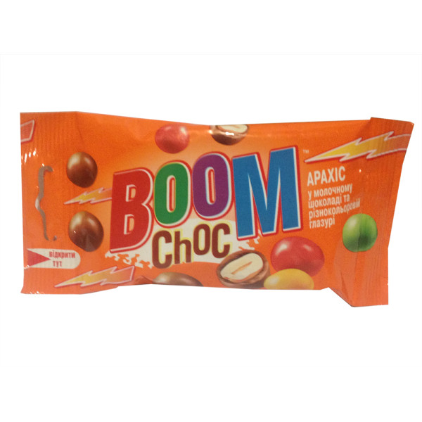 Арахис BOOM Choc в молочном шоколаде и разноцветной глазури 50 г, 4820005195886, Шоколадная фабрика Millennium