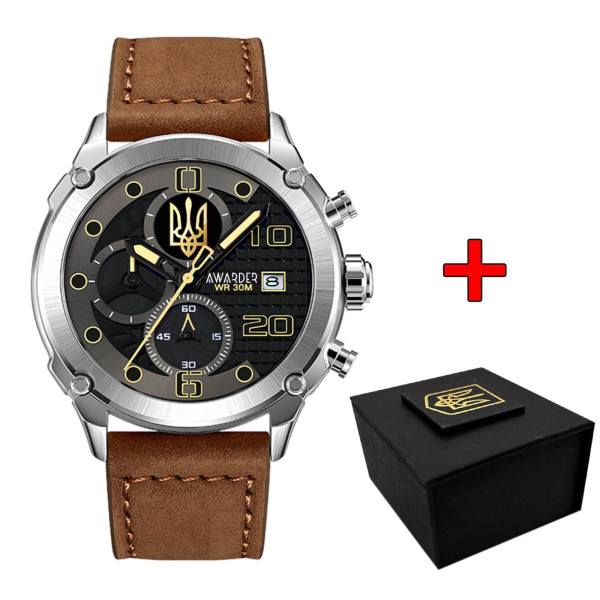 Годинник наручний Awarder 016 Silver-Black-Brown Тризуб золото