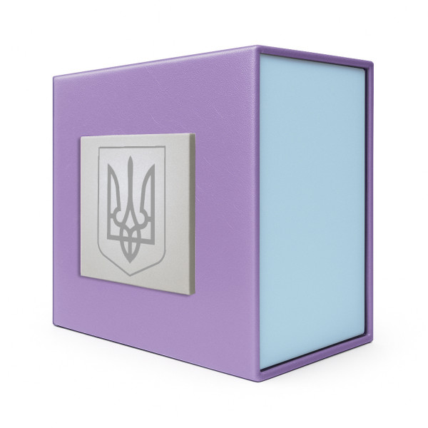 Подарункова картонна коробочка для годинника фіолетово-блакитна тризуб срібло
