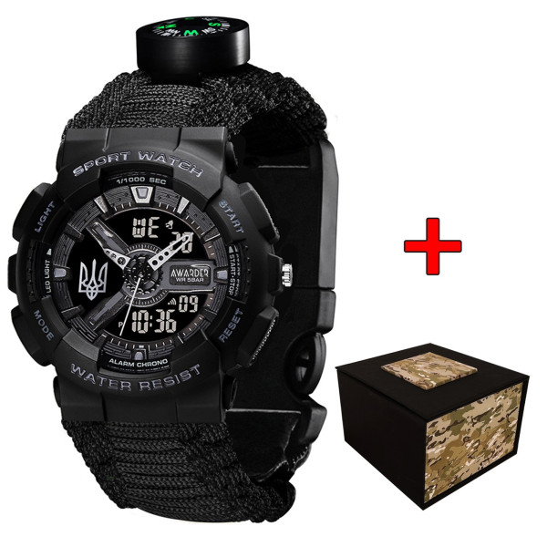 Годинник наручний Awarder 005P Тризуб срібло Black + Паракордовий ремінець Black