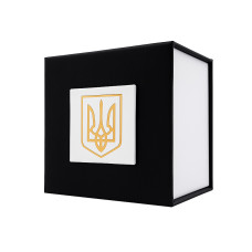 Подарункова картонна коробочка для годинника чорно-біла з тризубом золото