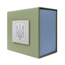 Подарункова картонна коробочка для годинника зелено-блакитна тризуб срібло