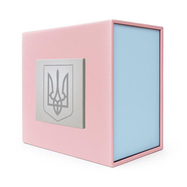Подарункова картонна коробочка для годинника рожево-блакитна тризуб срібло