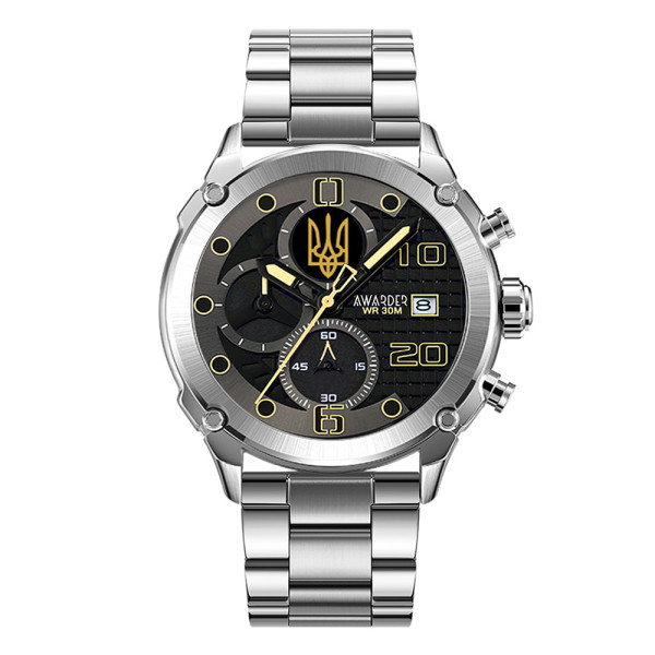 Годинник наручний Awarder 016 Тризуб золото Silver-Black Steel