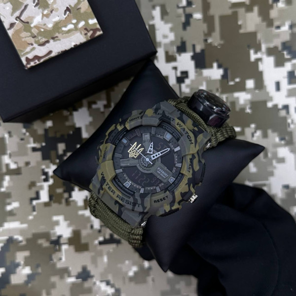 Годинник наручний Patriot 005 Тризуб золото Camo Green Паракордовий ремінець Army Green + Коробка.