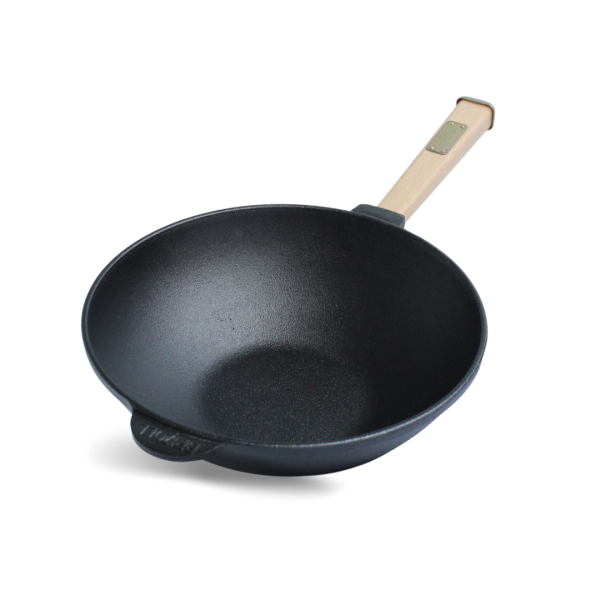 Чавунна сковорода Brizoll WOK 2.8 л 260х80 мм з дерев'яною ручкою і чавунною кришкою