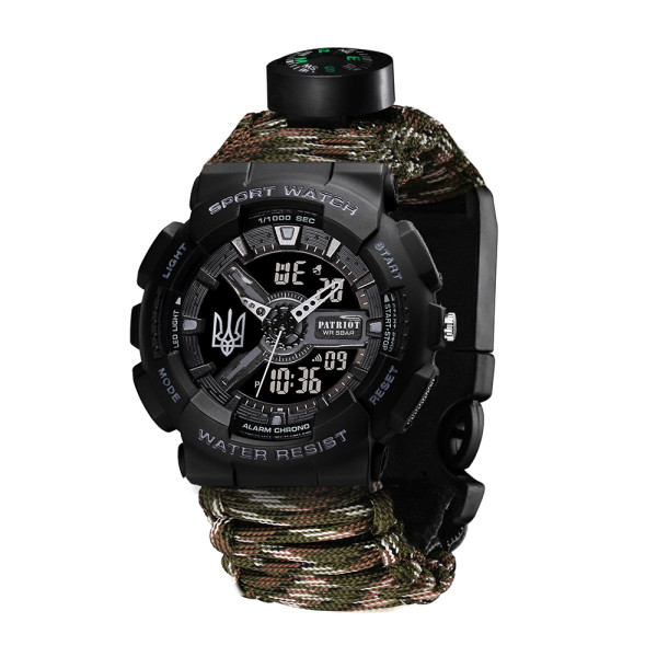 Годинник наручний Patriot 005 Тризуб срібло  Чорний Паракордовий ремінець Camo Green + Коробка.