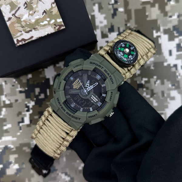 Годинник наручний Patriot 005 Тризуб золото Army Green Паракордовий ремінець Khaki  + Коробка.