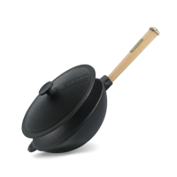 Сковорода чугунная Brizoll WOK 2.8 л 260х80 мм с деревянной ручкой и чугунной крышкой