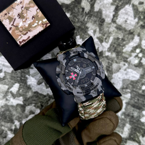 Годинник наручний Patriot 005CMGYSU ЗСУ Сірий камуфляж Паракордовий ремінець Camo Green + Коробка.
