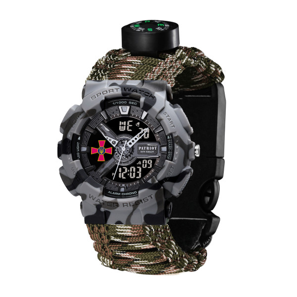 Годинник наручний Patriot 005CMGYSU ЗСУ Сірий камуфляж Паракордовий ремінець Camo Green + Коробка.