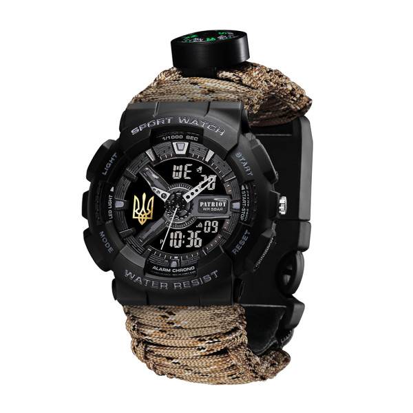 Годинник наручний Patriot 005 Тризуб золото Чорний Паракордовий ремінець Desert Camo + Коробка