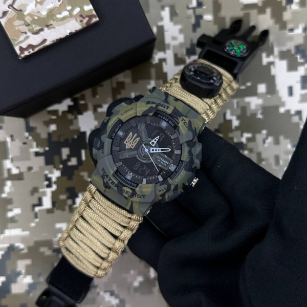 Годинник наручний Patriot 005 Тризуб золото Camo Green Паракордовий ремінець Khaki + Коробка.