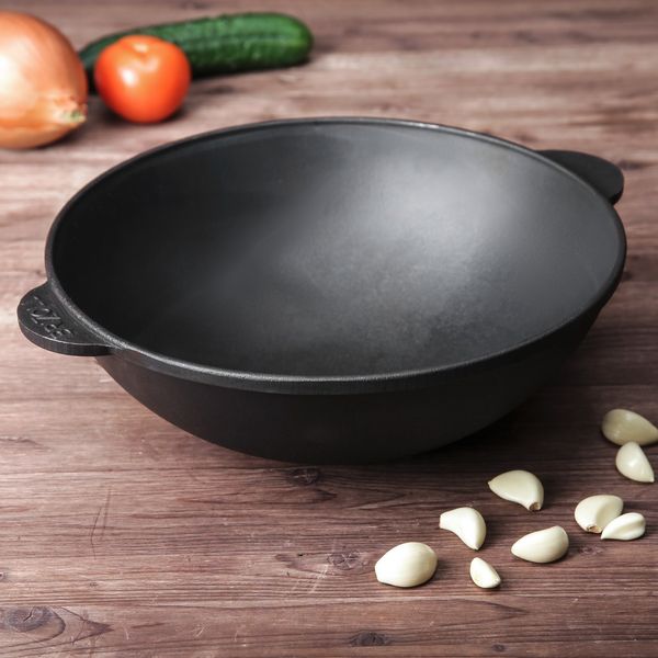 Чавунна сковорода Brizoll WOK 300х103 мм 4.7 л з чавунною кришкою