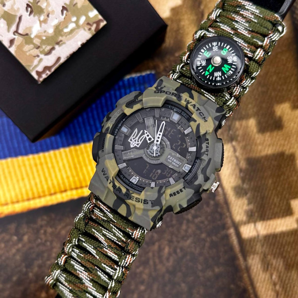 Годинник наручний Patriot 005 Тризуб срібло Зелений камуфляж Паракордовий ремінець Camo Green + Коро