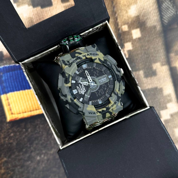 Годинник наручний Patriot 005 Тризуб срібло Зелений камуфляж Паракордовий ремінець Camo Green + Коро