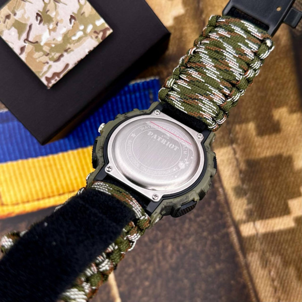 Годинник наручний Patriot 005 Тризуб срібло Зелений камуфляж Паракордовий ремінець Camo Green + Коро