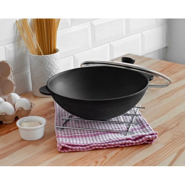 Чавунна сковорода Brizoll WOK 280х96 мм 3.7 л зі скляною кришкою