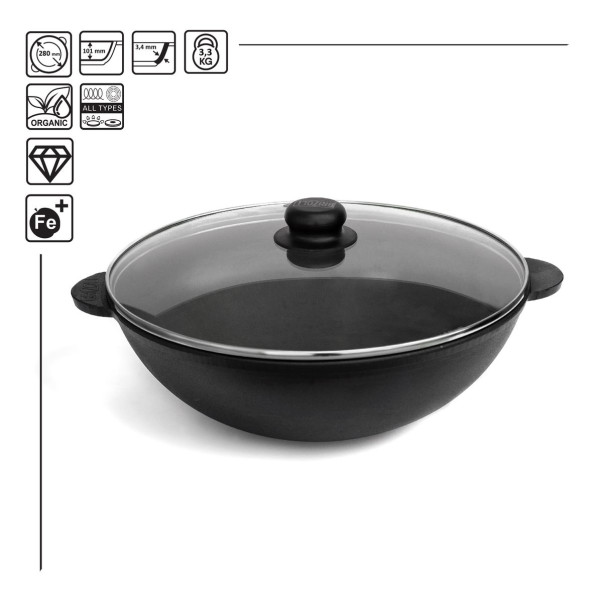 Чавунна сковорода Brizoll WOK 280х96 мм 3.7 л зі скляною кришкою