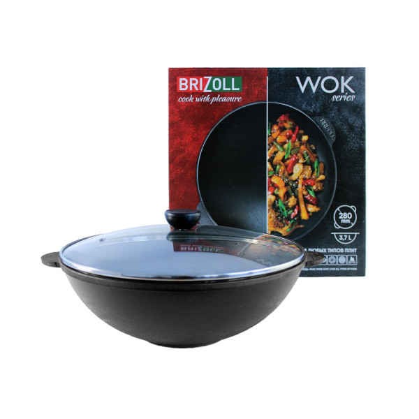 Чавунна сковорода Brizoll WOK 280х96 мм 3.7 л зі скляною кришкою