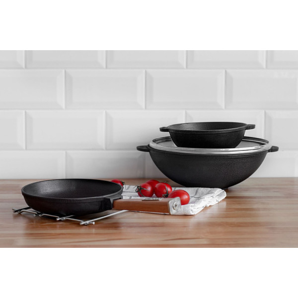 Чавунна сковорода Brizoll WOK 280х96 мм 3.7 л зі скляною кришкою