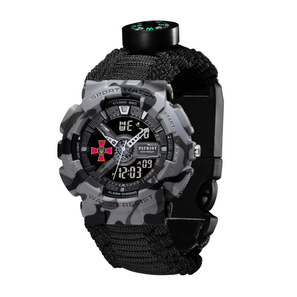 Годинник наручний Patriot 005CMGYSU ЗСУ Сірий камуфляж Паракордовий ремінець Black + Коробка