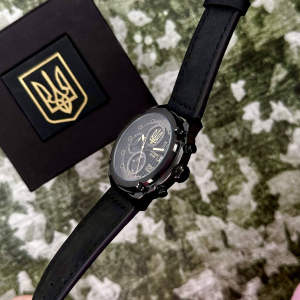 Годинник наручний Patriot 016 All Black Тризуб золото