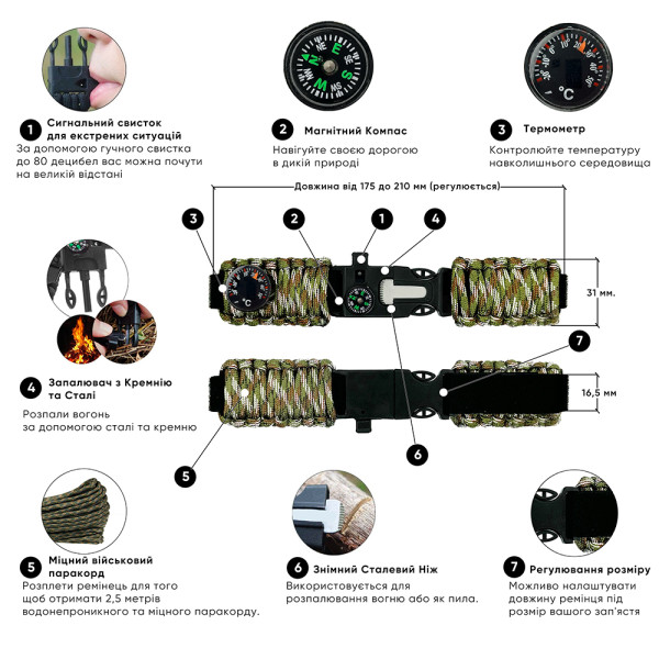 Ремінець паракордовий багатофункціональний Camo Green 1051-0598
