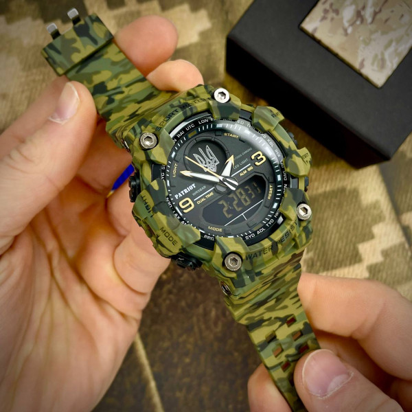 Годинник наручний Patriot 001CMGRUASI Тризуб срібло Зелений камуфляж + Коробка.