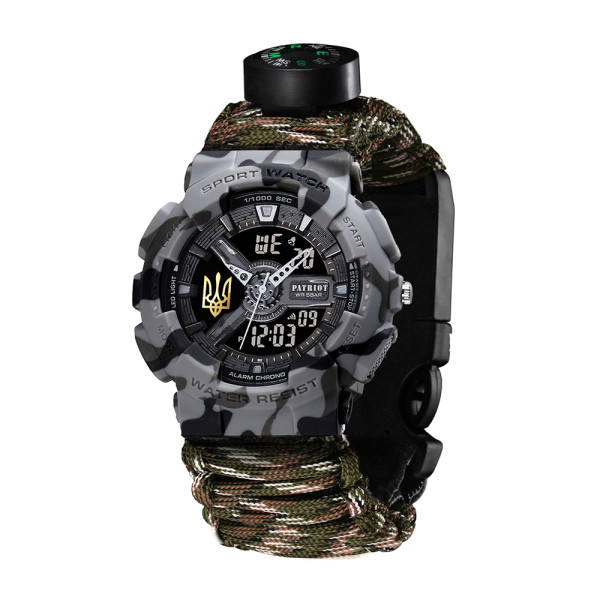 Годинник наручний Patriot 005 Тризуб золото Сірий камуфляж Паракордовий ремінець Camo Green+Коробка