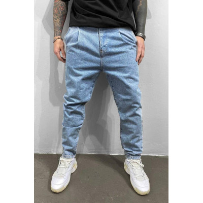 Мужские джинсы МОМ голубого цвета (голубые) , молодежные бойфренды прямые Турция